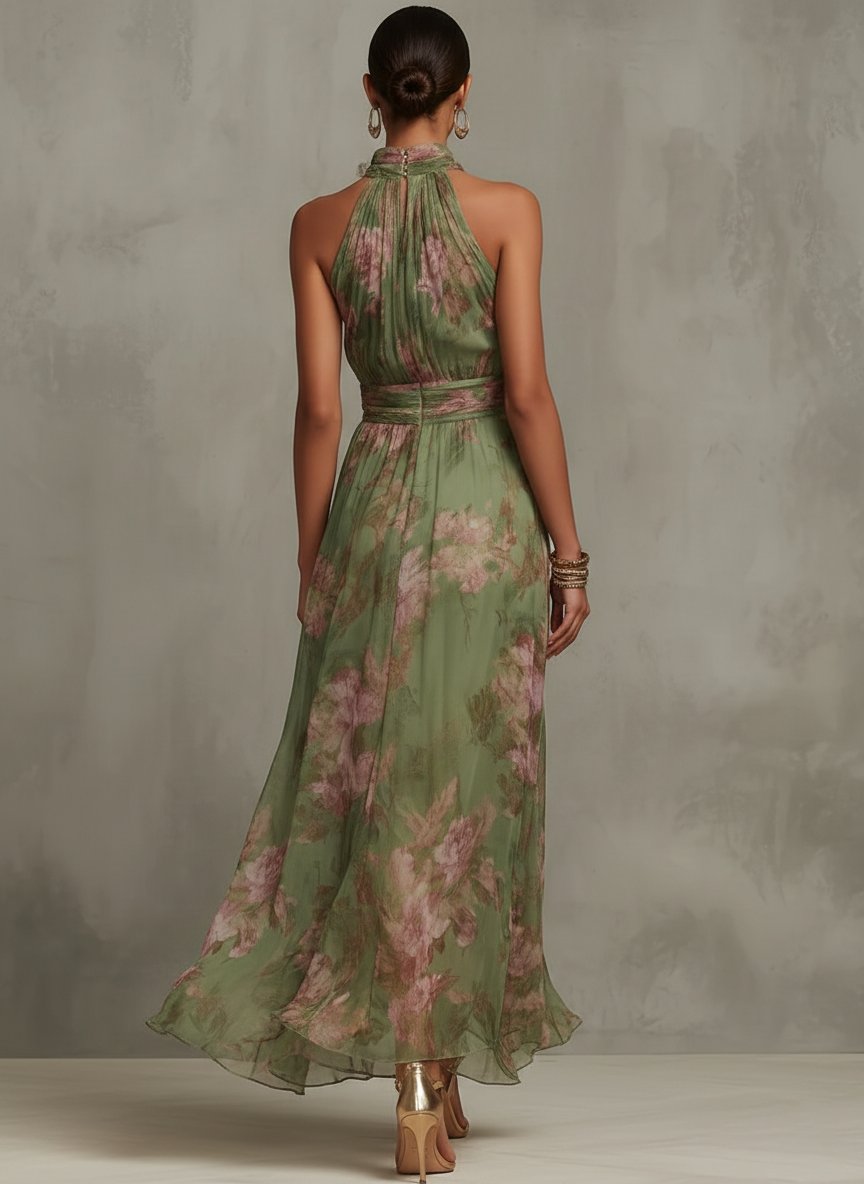Vestido Maxi Floral sin Mangas con Cuello Halter para Mujer