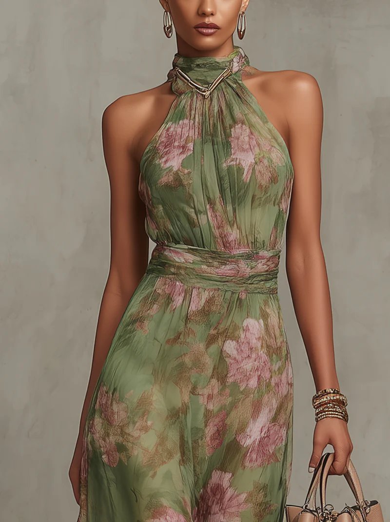 Vestido Maxi Floral sin Mangas con Cuello Halter para Mujer