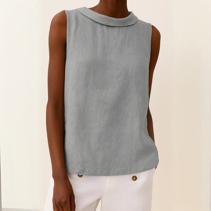 Top de lino sin mangas con cuello alto para mujer