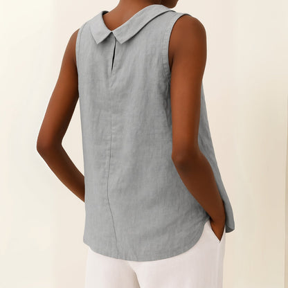 Top de lino sin mangas con cuello alto para mujer