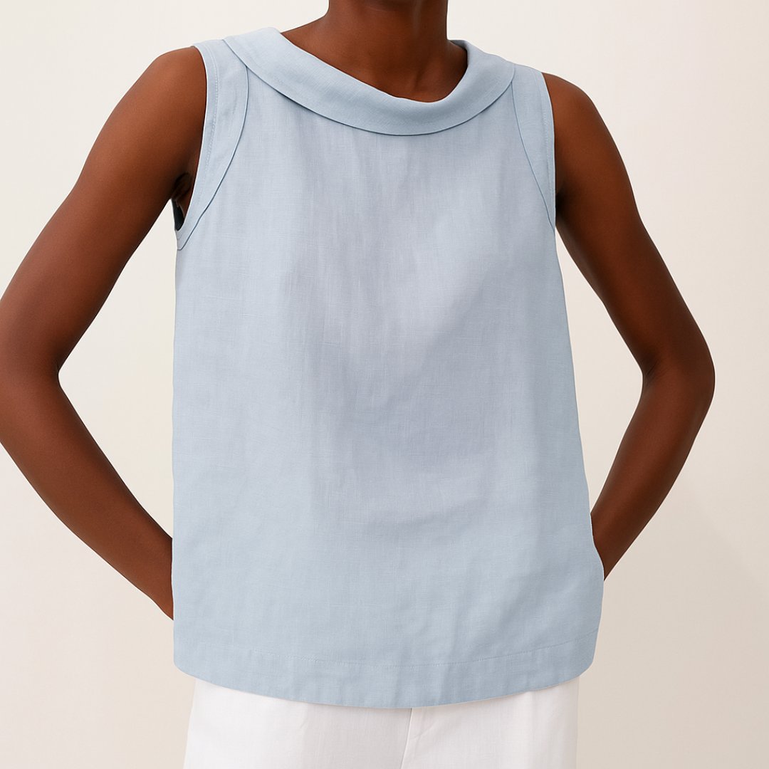 Top de lino sin mangas con cuello alto para mujer
