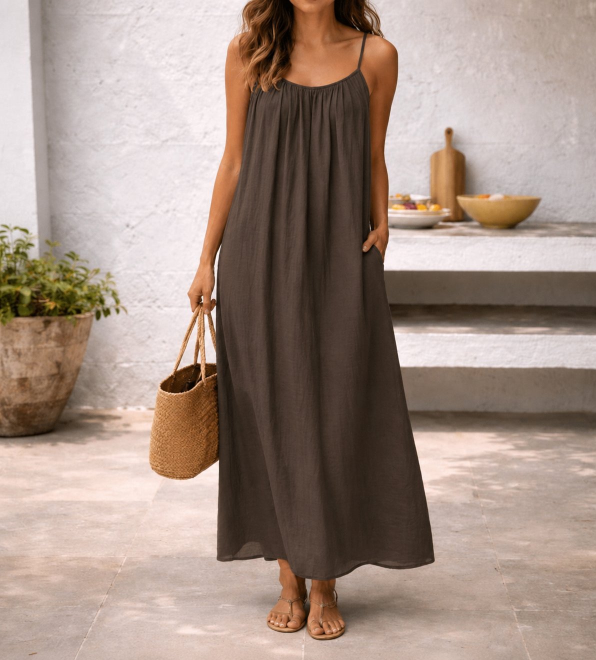 Vestido Maxi de Lino con Tirantes Finos de Verano para Mujer