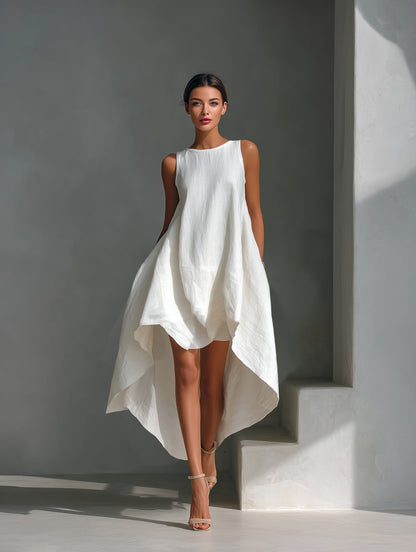 Vestido midi holgado de lino asimétrico y sin mangas para mujer