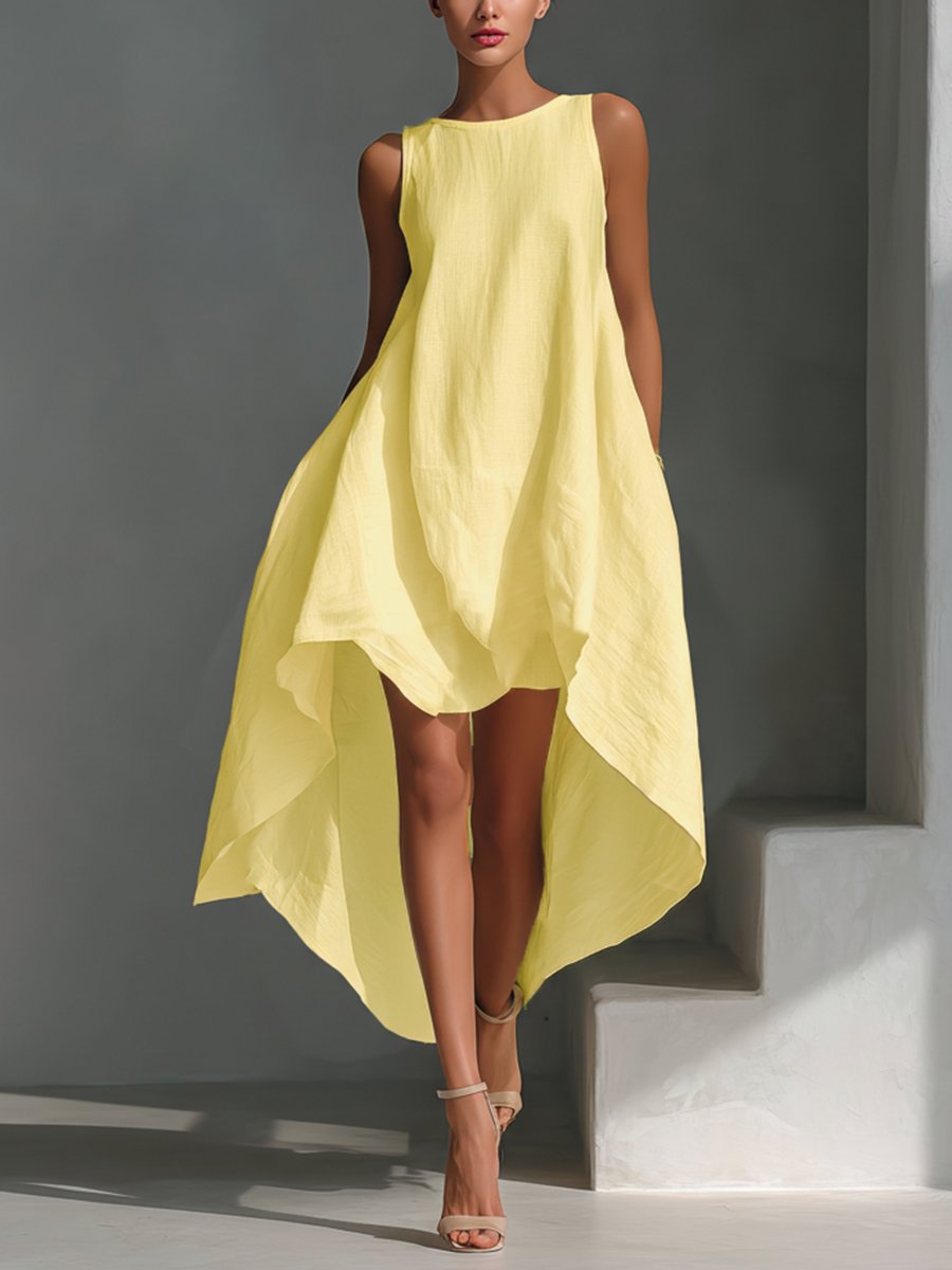 Vestido midi holgado de lino asimétrico y sin mangas para mujer