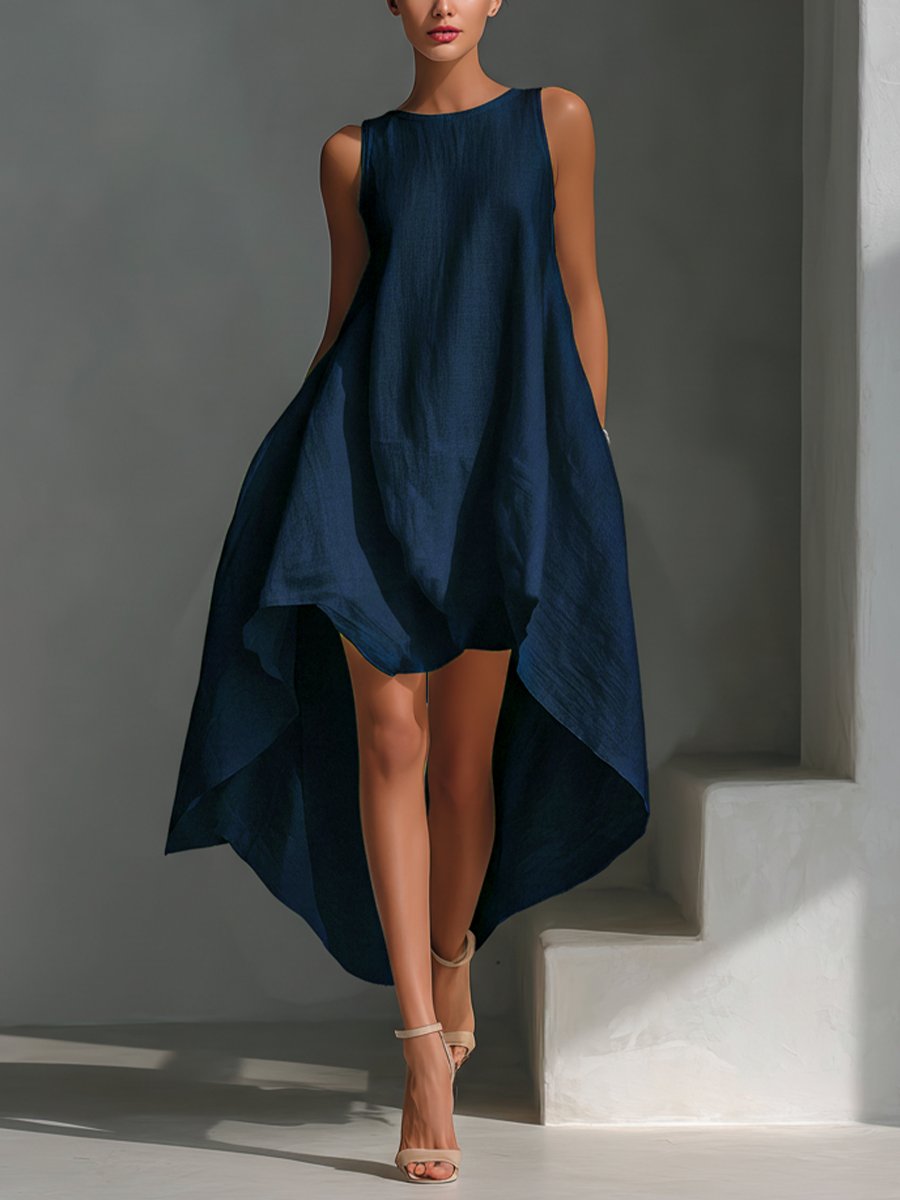 Vestido midi holgado de lino asimétrico y sin mangas para mujer