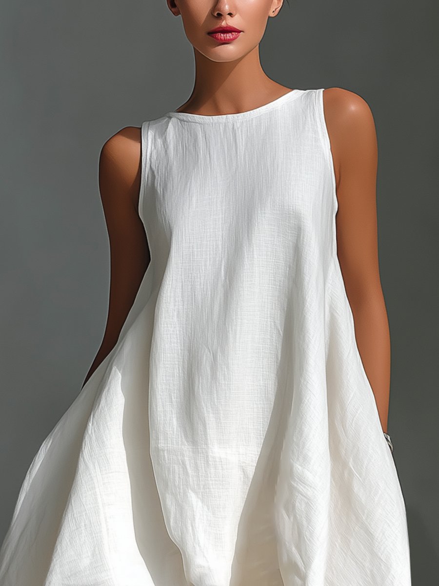 Vestido midi holgado de lino asimétrico y sin mangas para mujer