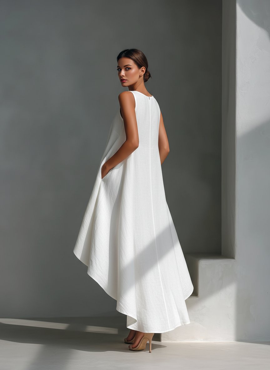 Vestido midi holgado de lino asimétrico y sin mangas para mujer