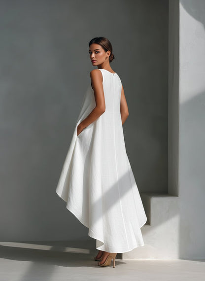 Vestido midi holgado de lino asimétrico y sin mangas para mujer