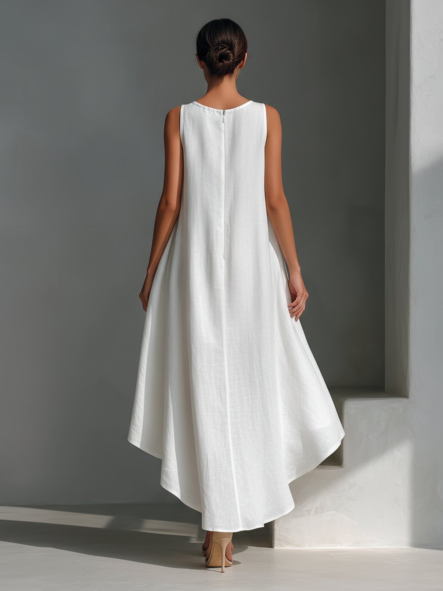 Vestido midi holgado de lino asimétrico y sin mangas para mujer