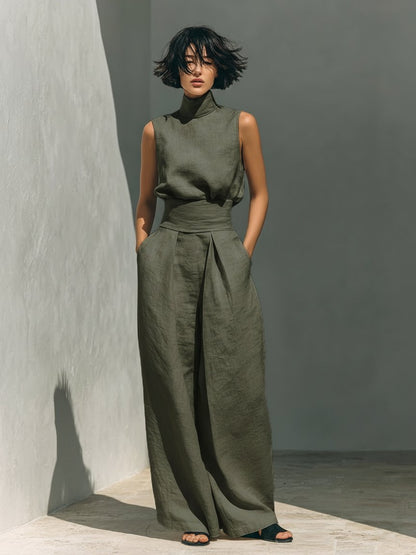 Conjunto de Top de Lino sin Mangas con Cuello Alto y Pantalón de Pierna Ancha para Mujer