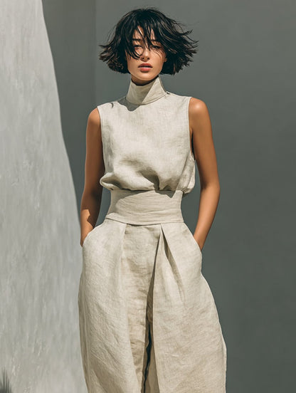 Conjunto de Top de Lino sin Mangas con Cuello Alto y Pantalón de Pierna Ancha para Mujer