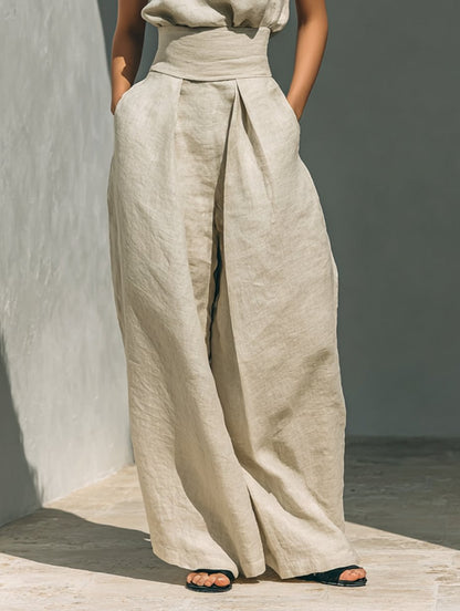 Conjunto de Top de Lino sin Mangas con Cuello Alto y Pantalón de Pierna Ancha para Mujer