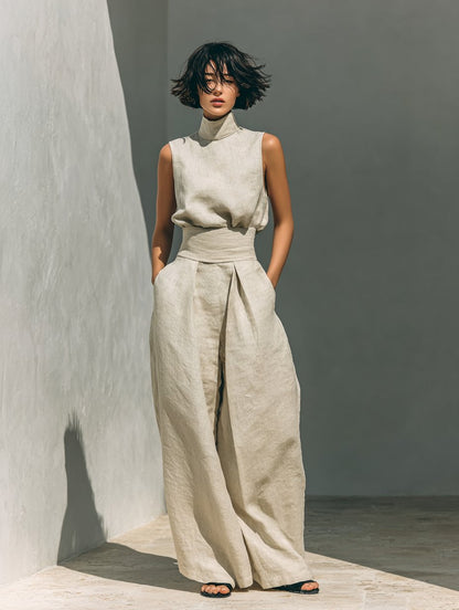 Conjunto de Top de Lino sin Mangas con Cuello Alto y Pantalón de Pierna Ancha para Mujer