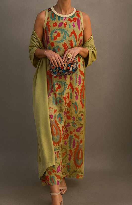 Conjunto de Vestido Maxi sin Mangas con Estampado Floral y Bufanda para Mujer