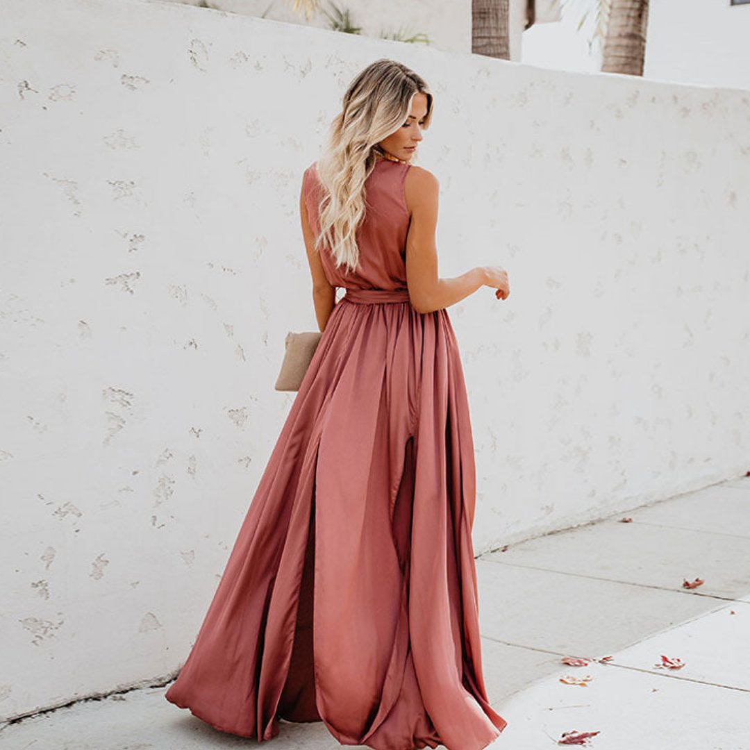 Vestido Maxi sin Mangas con Abertura Lateral y Lazo en la Cintura para Mujer