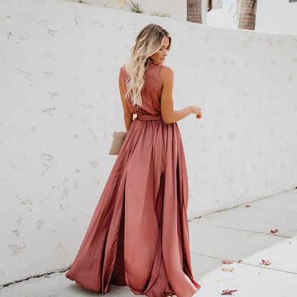 Vestido Maxi sin Mangas con Abertura Lateral y Lazo en la Cintura para Mujer