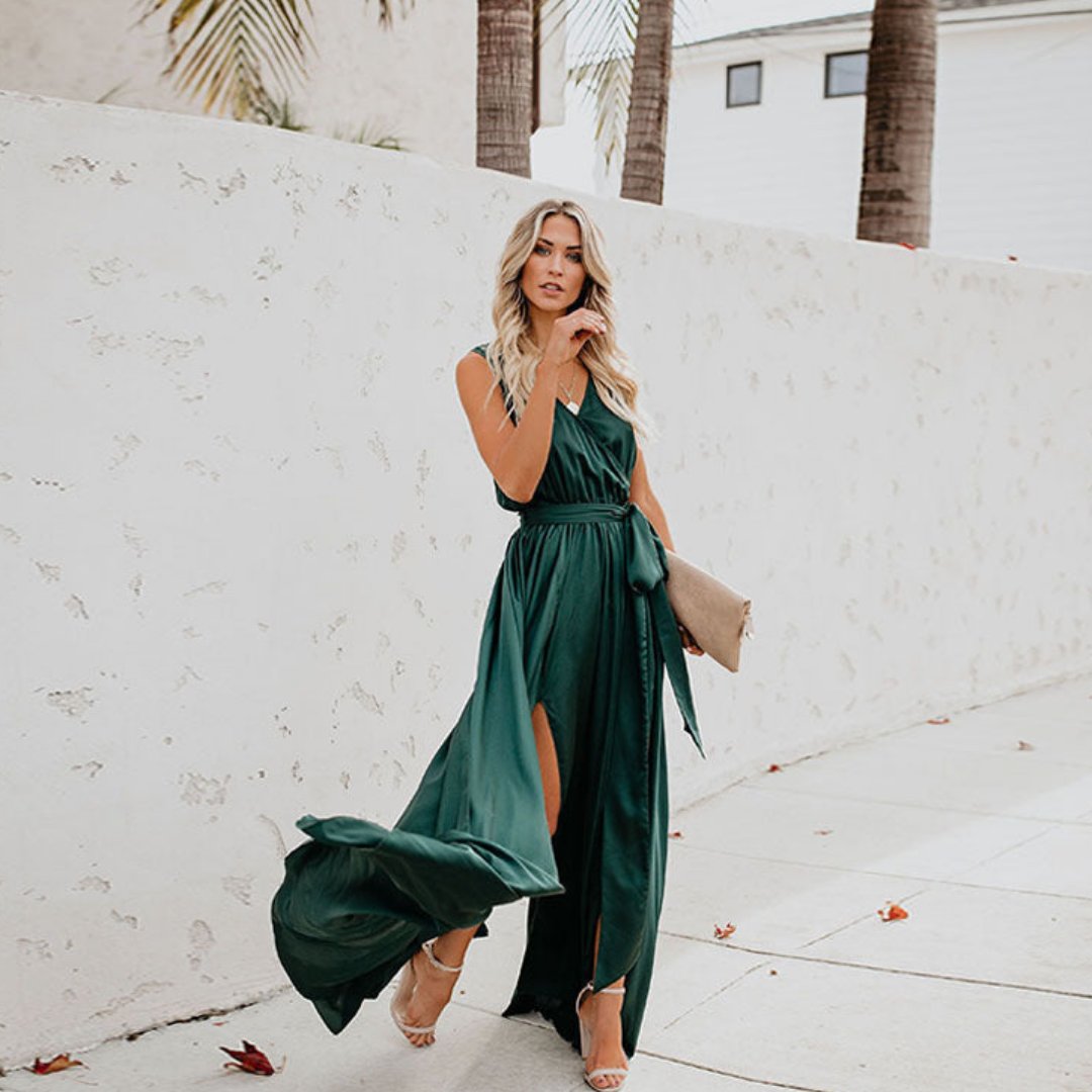 Vestido Maxi sin Mangas con Abertura Lateral y Lazo en la Cintura para Mujer