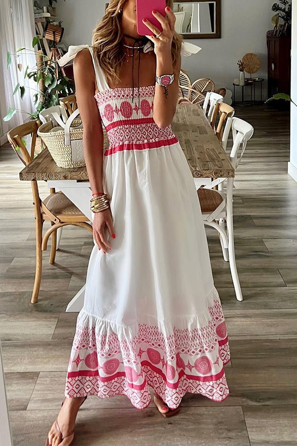 Vestido Maxi sin Mangas con Cuello Cuadrado, Lazos y Estampado Bohemio para Mujer