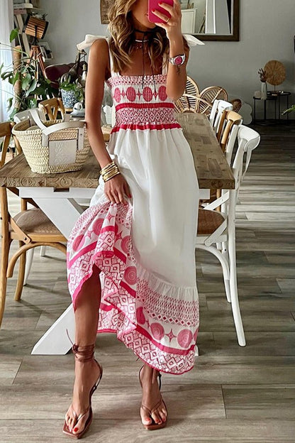 Vestido Maxi sin Mangas con Cuello Cuadrado, Lazos y Estampado Bohemio para Mujer