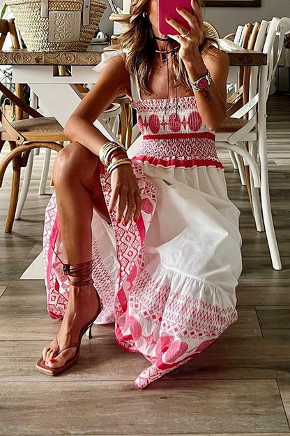Vestido Maxi sin Mangas con Cuello Cuadrado, Lazos y Estampado Bohemio para Mujer