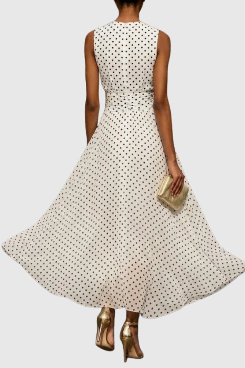 Vestido largo de noche sin mangas a lunares con volantes para mujer