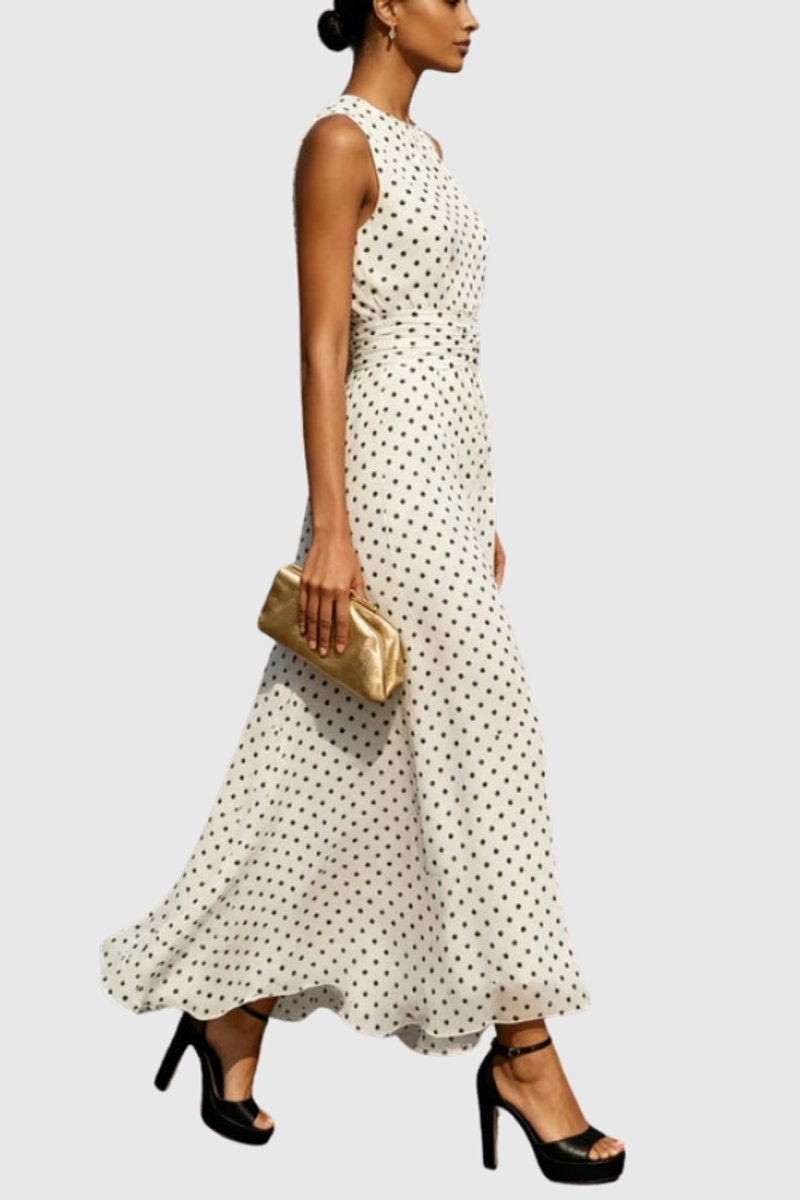 Vestido largo de noche sin mangas a lunares con volantes para mujer