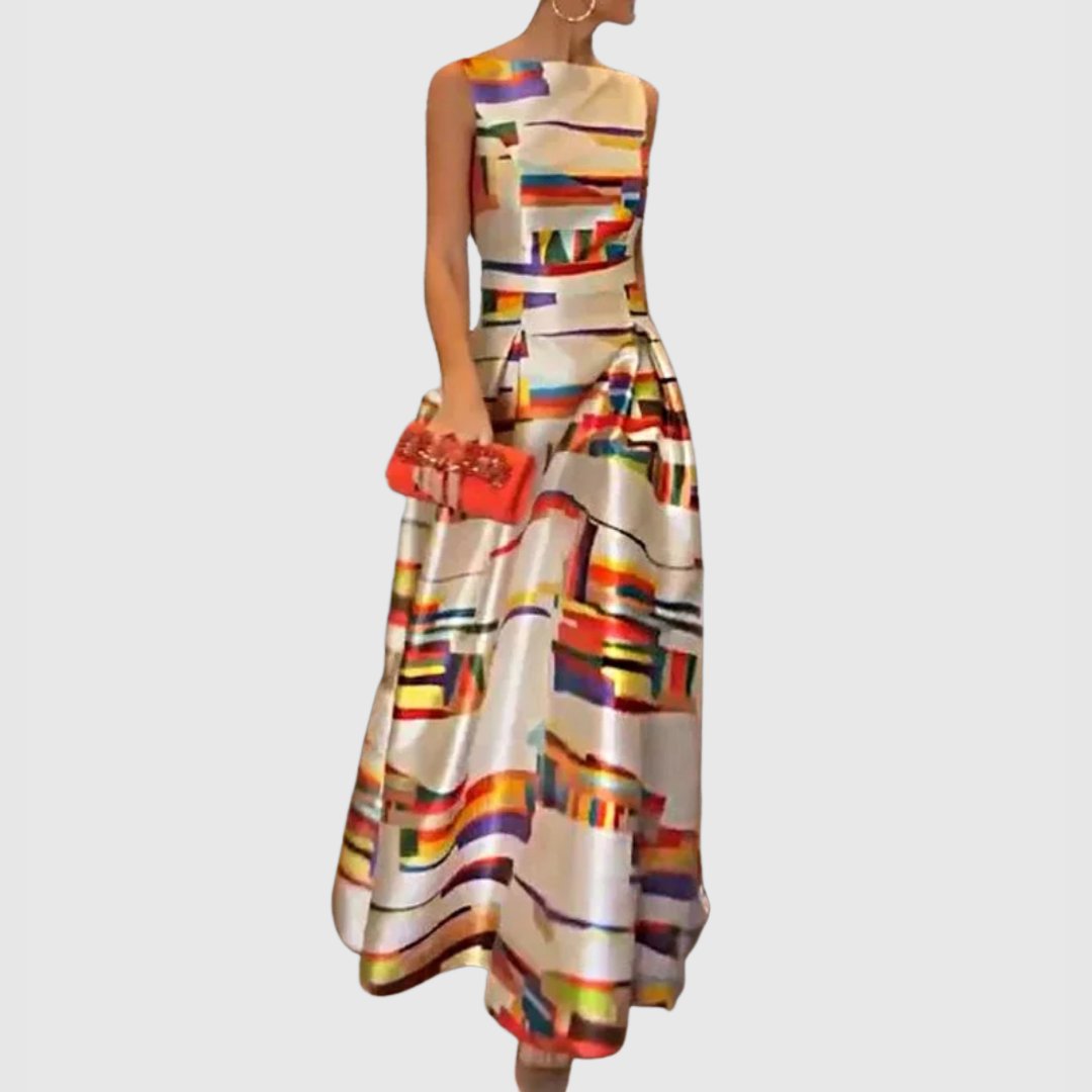Vestido maxi de satén sin mangas con diseño abstracto colorblock para mujer