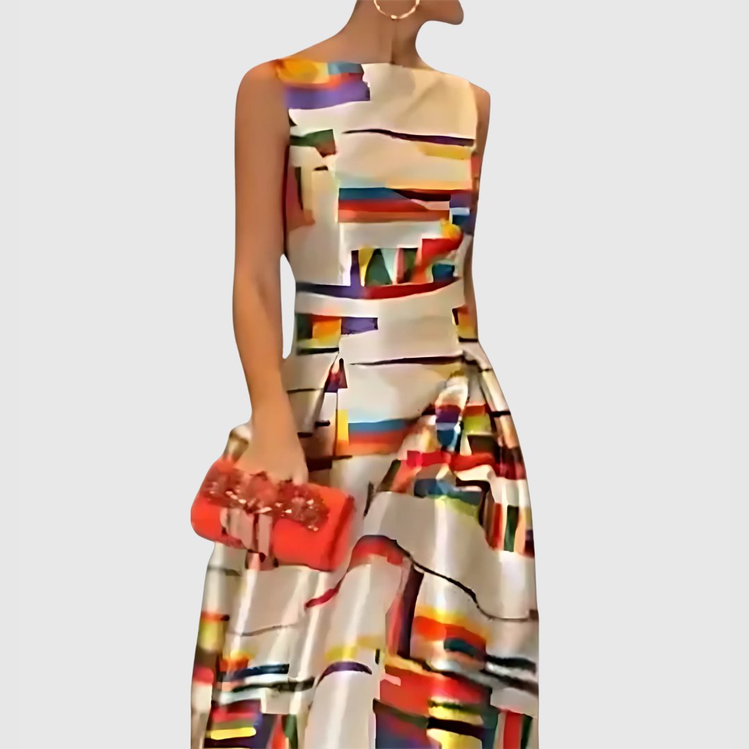 Vestido maxi de satén sin mangas con diseño abstracto colorblock para mujer