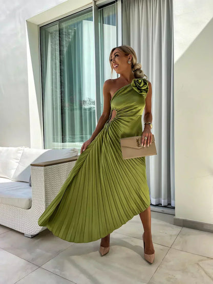 Vestido Maxi Plisado de Un Solo Hombro para Mujer