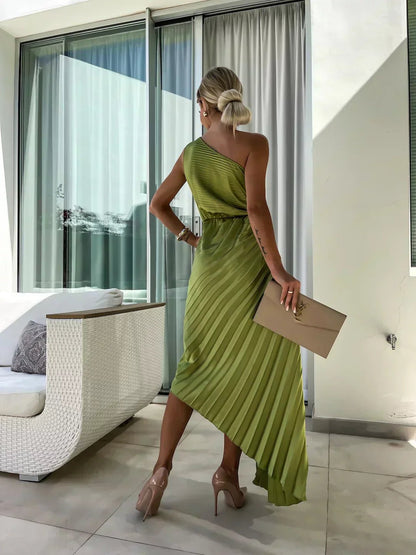 Vestido Maxi Plisado de Un Solo Hombro para Mujer