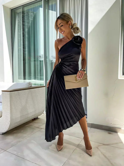 Vestido Maxi Plisado de Un Solo Hombro para Mujer