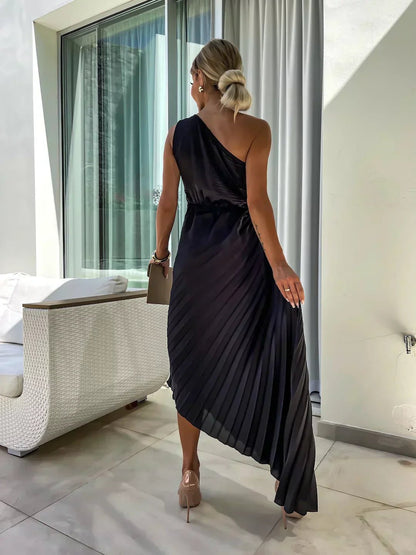 Vestido Maxi Plisado de Un Solo Hombro para Mujer