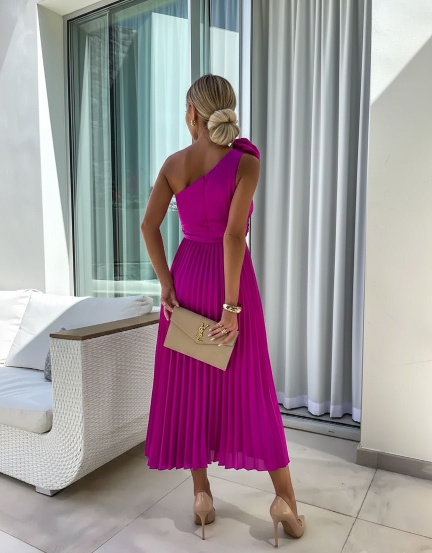 Vestido Maxi Plisado de Un Solo Hombro para Mujer