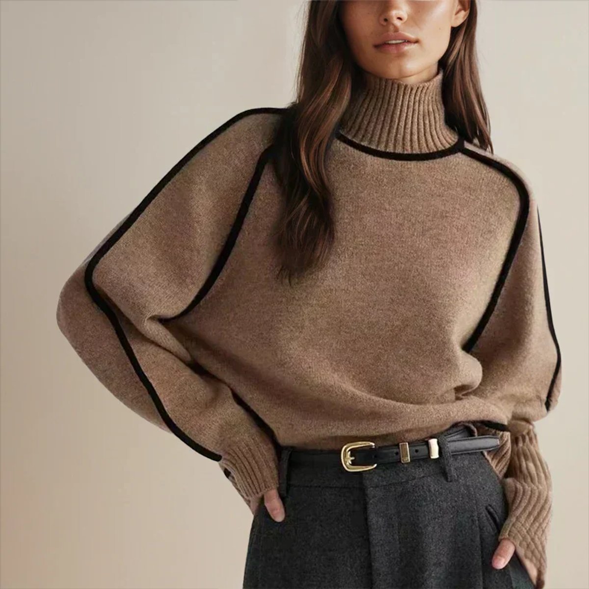 Suéter de Punto Oversize Bicolor con Cuello Alto para Mujer