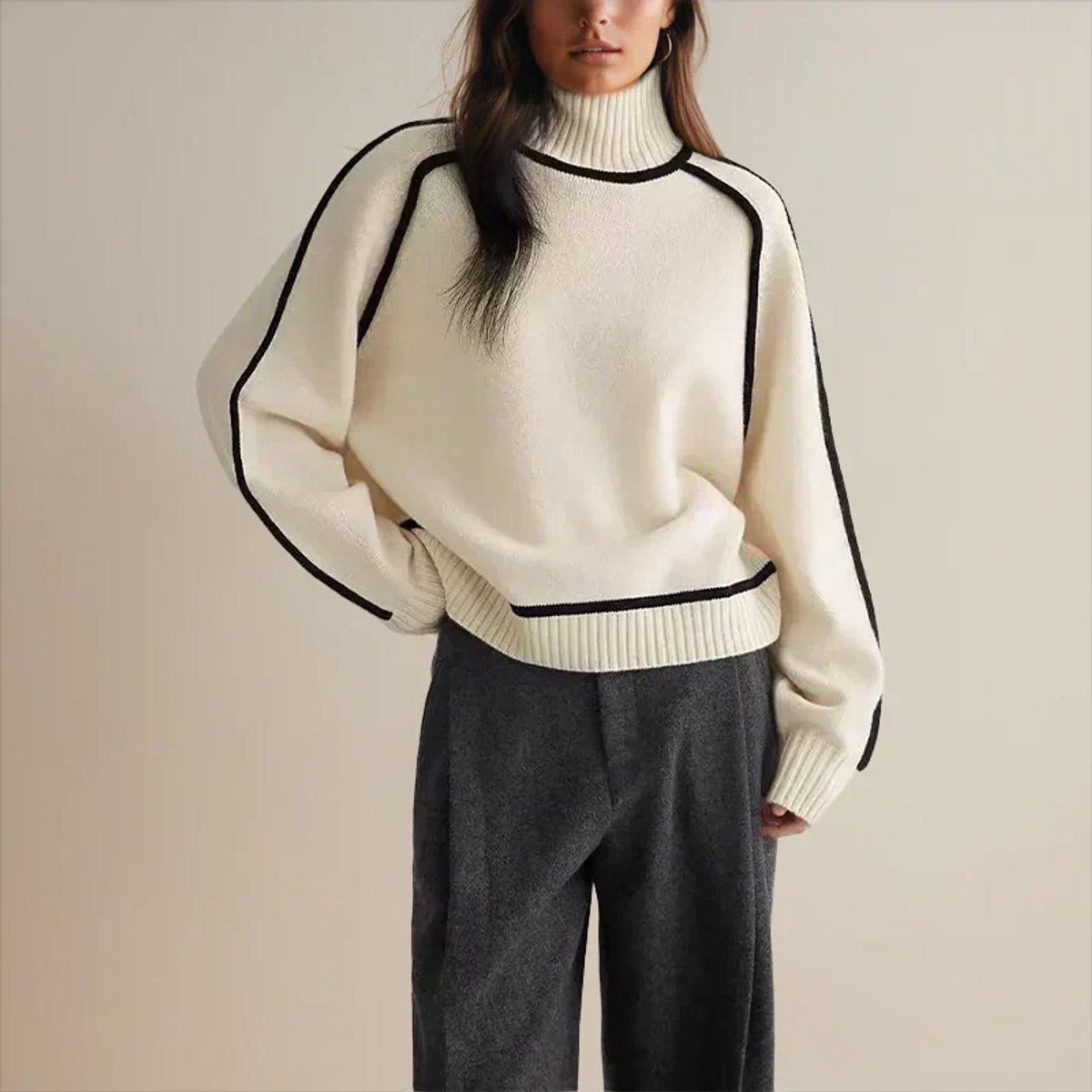 Suéter de Punto Oversize Bicolor con Cuello Alto para Mujer