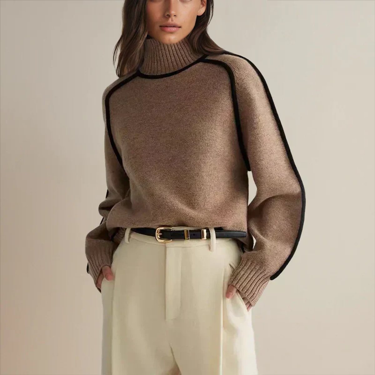 Suéter de Punto Oversize Bicolor con Cuello Alto para Mujer