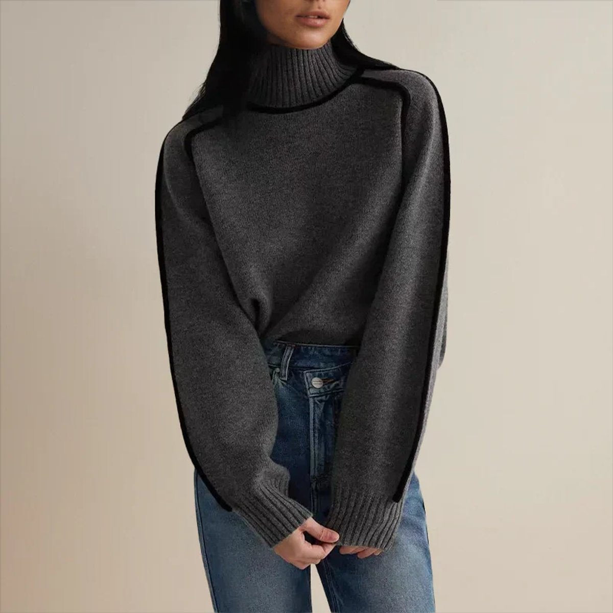 Suéter de Punto Oversize Bicolor con Cuello Alto para Mujer