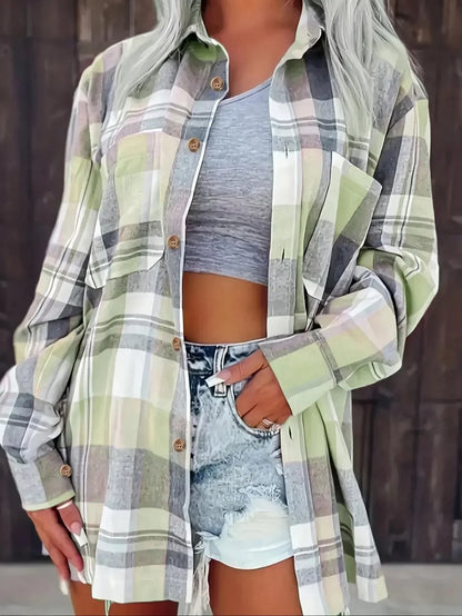 Camisa cárdigan de franela a cuadros de manga larga corte oversized para mujer