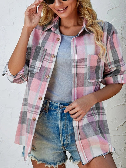 Camisa cárdigan de franela a cuadros de manga larga corte oversized para mujer