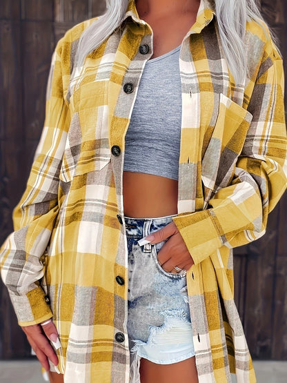 Camisa cárdigan de franela a cuadros de manga larga corte oversized para mujer