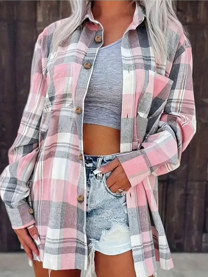 Camisa de Franela a Cuadros Holgada de Manga Larga para Mujer