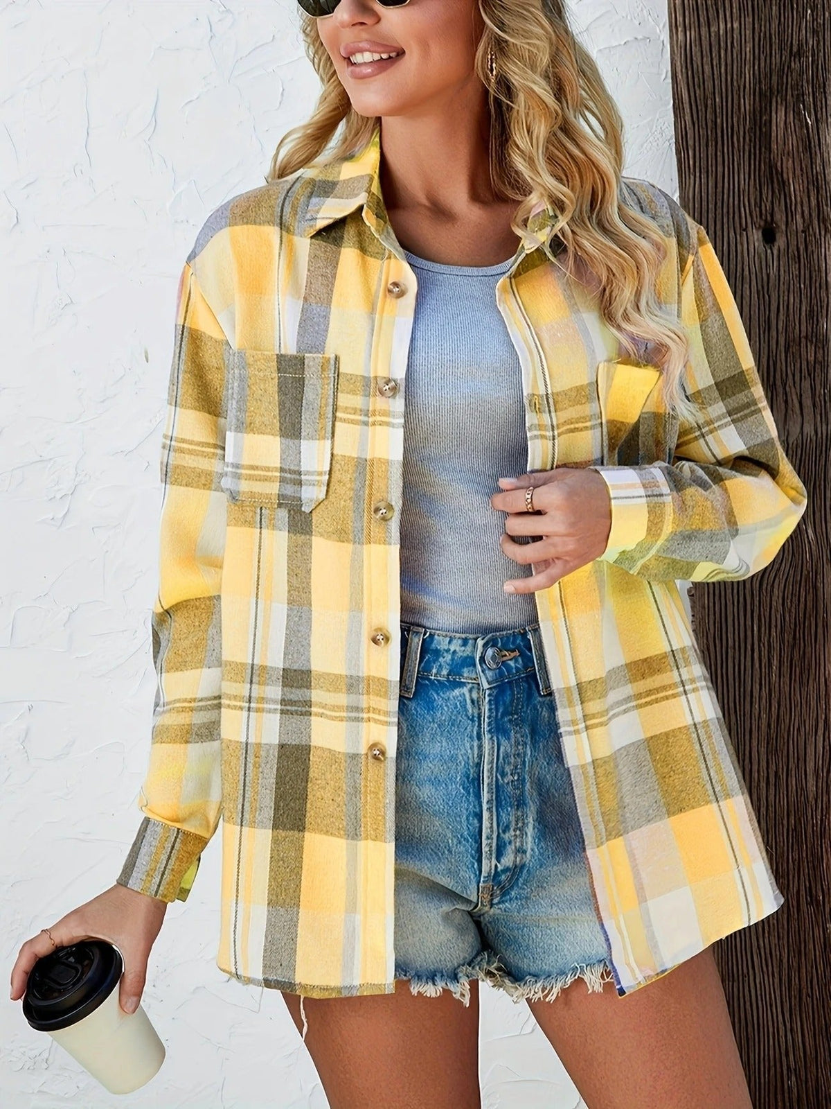 Camisa de Franela a Cuadros Holgada de Manga Larga para Mujer