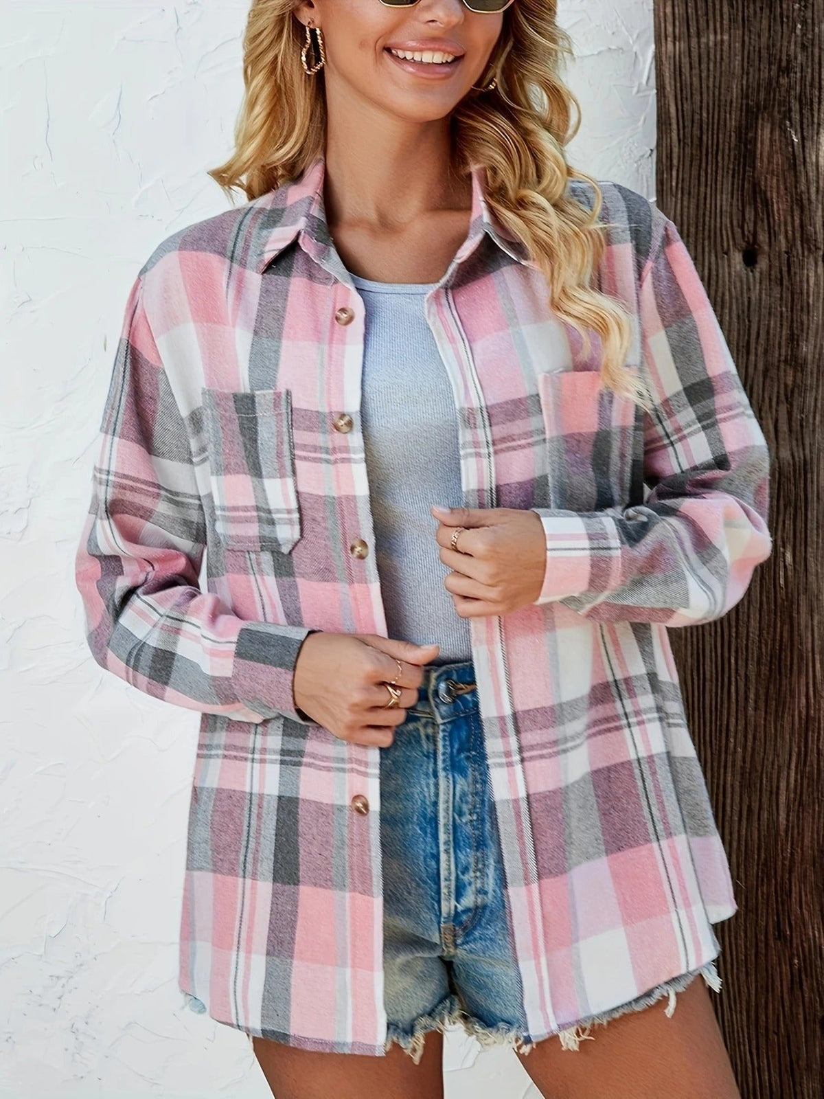 Camisa de Franela a Cuadros Holgada de Manga Larga para Mujer