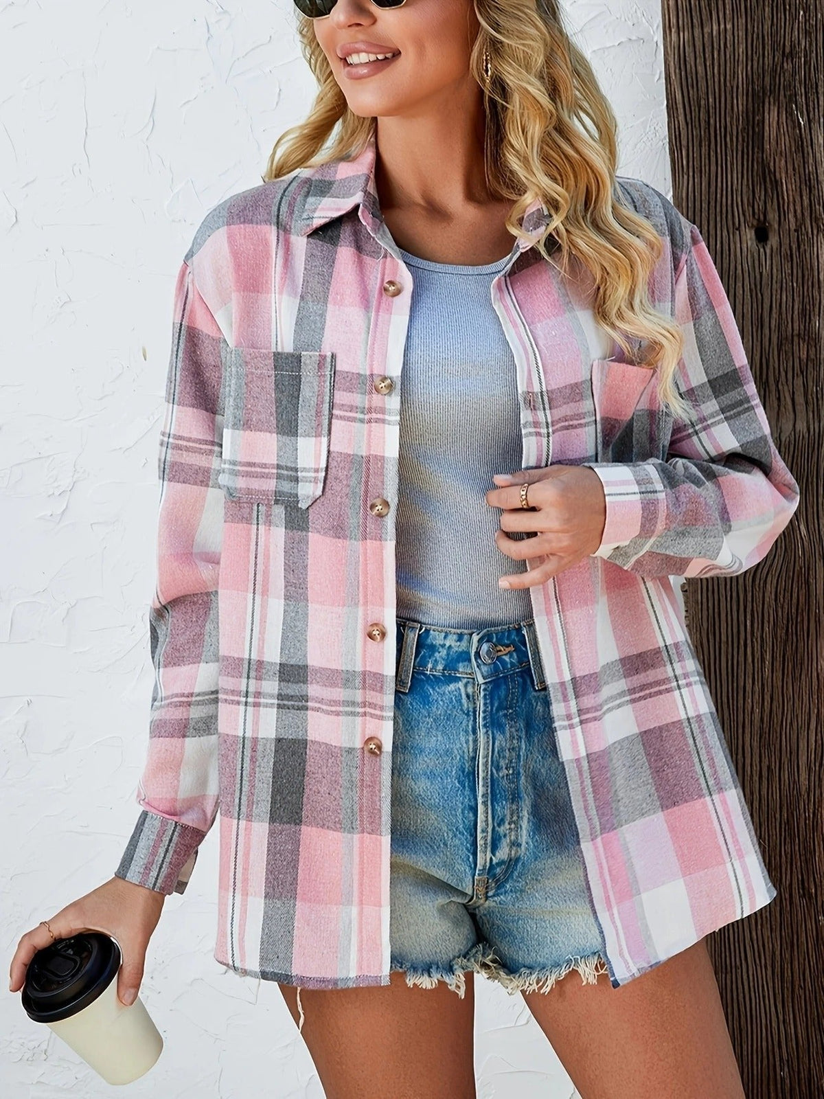 Camisa de Franela a Cuadros Holgada de Manga Larga para Mujer