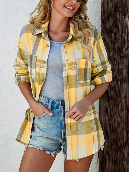 Camisa de Franela a Cuadros Holgada de Manga Larga para Mujer