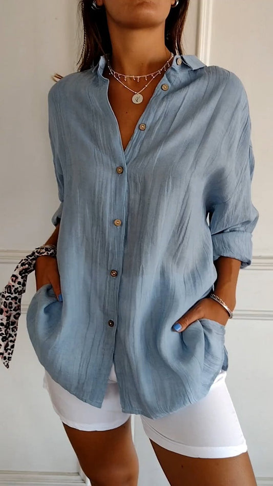 Camisa de Lino Holgada con Botones para Mujer