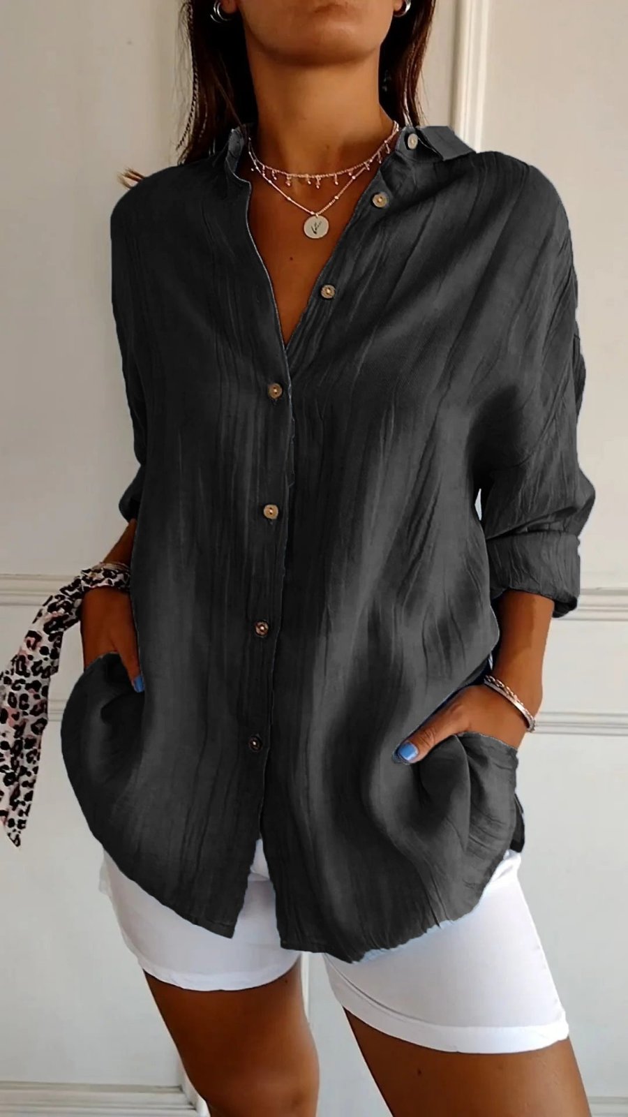 Camisa de Lino Holgada con Botones para Mujer