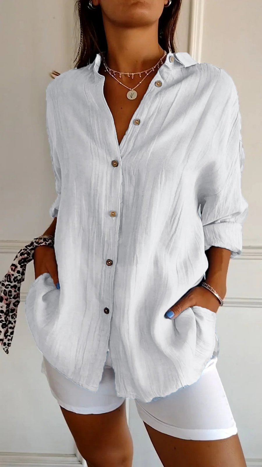 Camisa de Lino Holgada con Botones para Mujer