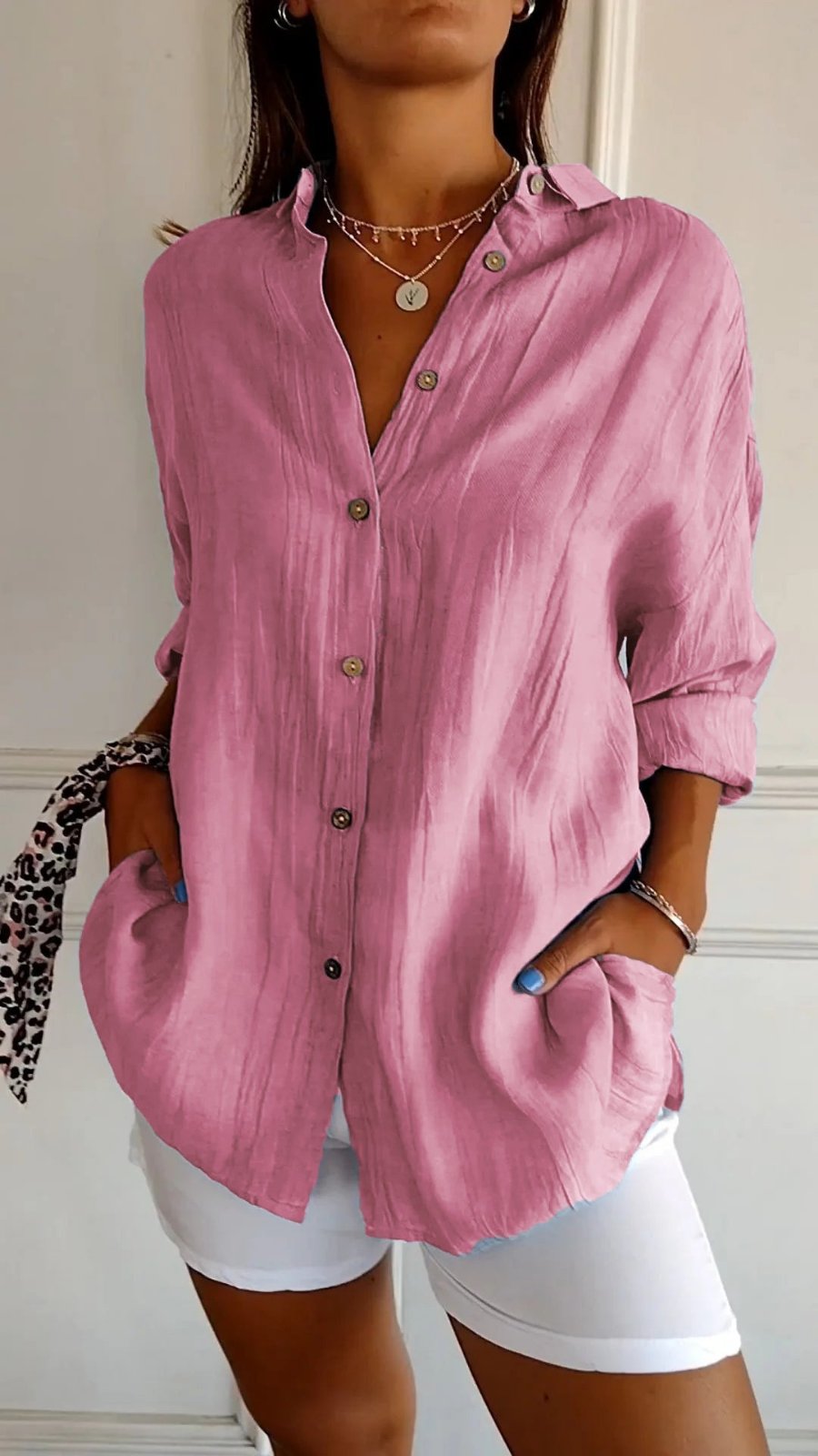 Camisa de Lino Holgada con Botones para Mujer