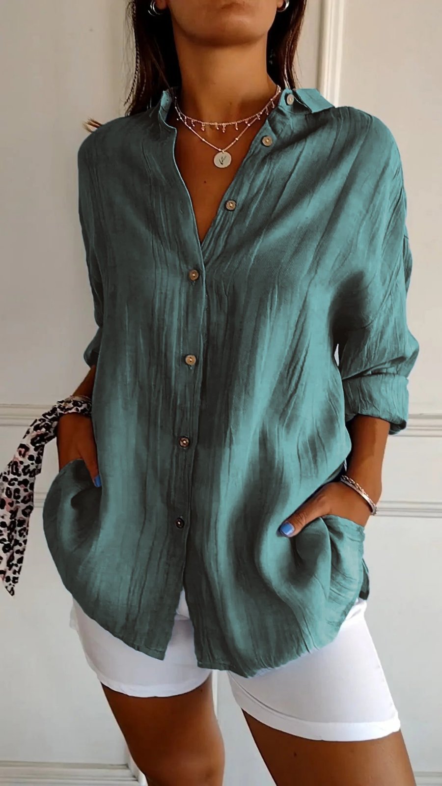Camisa de Lino Holgada con Botones para Mujer